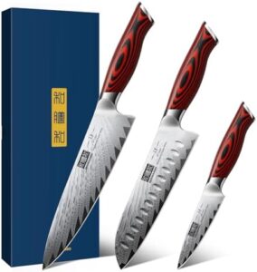 Here is the generated SEO meta description:

"Upgrade your kitchen with this 3-piece Damascus knife set featuring ultra-sharp blades and ergonomic G10 handles. Perfect for professional chefs and home cooks alike, includes gift box."