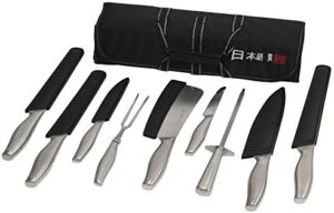 Discover the ultimate chef's knife set with 10 stainless steel knives, perfect for any kitchen. Includes a roll case for storage and organization.