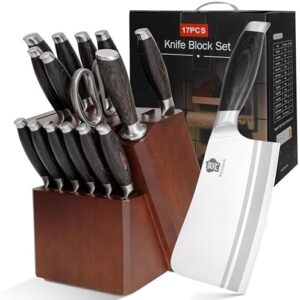 Discover the ultimate WILDMOK kitchen companion! This 17-piece knife set features German steel blades and a wooden block storage solution. Perfect for home cooks and professional chefs alike, this gift-ready set includes a bone chopper and more.