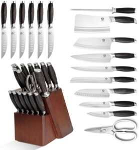 Discover the ultimate WILDMOK kitchen companion! This 17-piece knife set features German steel blades and a wooden block storage solution. Perfect for home cooks and professional chefs alike, this gift-ready set includes a bone chopper and more.