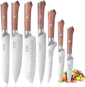 Discover the YOTSUBA Kitchen Knife Set, featuring 7 high-carbon stainless steel knives and ergonomic handles. Sharp and durable, perfect for home cooks and professionals alike. Get ready to chop with ease!