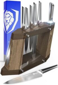 Elevate your kitchen with the Dalstrong Crusader Series 8-Piece Knife Block Set, featuring high-carbon German stainless steel blades and a Manchurian Ash wood block stand. Perfect for professional chefs and home cooks alike.