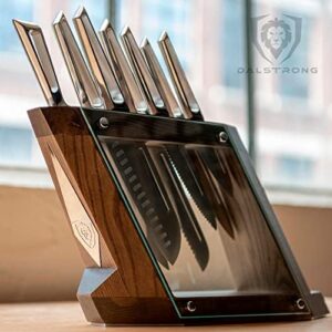 Elevate your kitchen with the Dalstrong Crusader Series 8-Piece Knife Block Set, featuring high-carbon German stainless steel blades and a Manchurian Ash wood block stand. Perfect for professional chefs and home cooks alike.