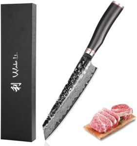 Cut through cooking tasks with the Wakoli BBQ Kiritsuke Knife's 8-inch Damascus blade and VG10 core. Sharpens well, ideal for meat cutting.