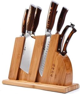 Get precise cuts with the TUO 8-pcs Kitchen Knife Set, featuring German X50CrMoV15 steel and rust-resistant full tang handles. Includes wooden block for safe storage.