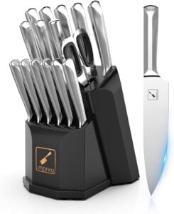 Discover the Imarku 16-Pcs Kitchen Knife Set with block, featuring ultra-sharp stainless steel blades and ergonomic handle for comfortable use. Perfect for home cooks and professionals alike, dishwasher safe and easy to maintain.