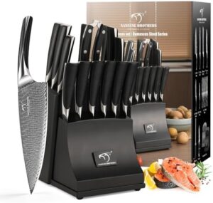 Discover the ultimate knife set for your kitchen! The Nanfang Brothers 15-Piece Damascus Kitchen Knife Set includes a block with ABS ergonomic handle, perfect for chefs and home cooks alike.