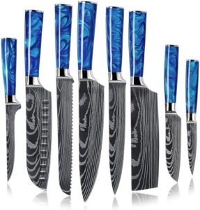 Unlock a culinary edge with the SENKEN 8-Piece Japanese Knife Set, featuring blue resin handles and laser Damascus blades for precision cooking. Perfect for chefs and home cooks alike, includes chef's, santoku, bread, and paring knives.