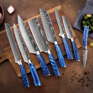 Unlock a culinary edge with the SENKEN 8-Piece Japanese Knife Set, featuring blue resin handles and laser Damascus blades for precision cooking. Perfect for chefs and home cooks alike, includes chef's, santoku, bread, and paring knives.