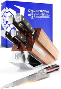 Elevate your cooking game with the Dalstrong Knife Block Set, featuring 5pcs of ELITE high-carbon Japanese steel knives, black G10 handles, and a premium acacia wood block. Perfect Valentine's gift for any culinary enthusiast!