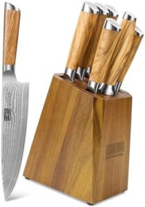 Discover a professional 7-piece knife set with block and sharpener. Features 67-layer Damascus super steel blades for ultra-sharp cutting, perfect for home cooking enthusiasts.
