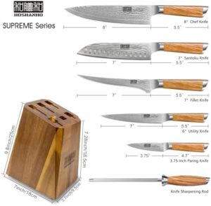 Discover a professional 7-piece knife set with block and sharpener. Features 67-layer Damascus super steel blades for ultra-sharp cutting, perfect for home cooking enthusiasts.