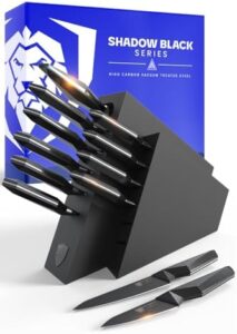 Elevate your cooking experience with the DALSTRONG 12-piece Professional Knife Block Set, featuring high-carbon stainless steel blades and a black titanium nitride coating. Perfect for serious chefs, this premium kitchen set includes NSF certified knives with a stylish block.