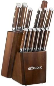 "Upgrade your kitchen with Hampton Forge's Harley 14-piece knife block set in rich brown. Includes high-carbon stainless steel knives and a sturdy block for organized storage."
