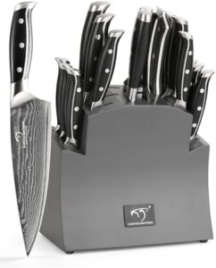 Discover the ultimate cooking companion with this 16-Piece Damascus Knife Set featuring razor-sharp blades and ergonomic handles. Perfect for home chefs, includes steak knives, meat fork, sharpener, and scissors, great value at a discounted price!