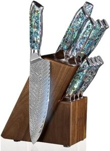 Discover the ultimate SENKEN 11-Piece Damascus Knife Block Set with Abalone Shell Handle. Includes 67-Layer VG10 Steel chef, paring and steak knives for precise cutting. Perfect for home chefs and pros alike.