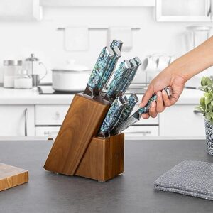 Discover the ultimate SENKEN 11-Piece Damascus Knife Block Set with Abalone Shell Handle. Includes 67-Layer VG10 Steel chef, paring and steak knives for precise cutting. Perfect for home chefs and pros alike.