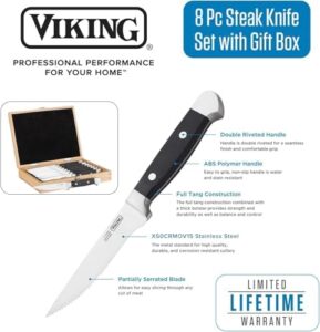 "Upgrade your kitchen with the Viking Steak Knife Set, featuring 8 stainless steel knives and ABS polymer handles. Includes a wooden gift box for presentation. Hand wash only."