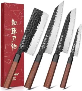 Mastering kitchen prep with the HEZHEN Kitchen Knife Set 4PCS: clad steel chef knife, forged steel nakiri, and santoku knives, featuring a wooden octagonal handle for comfortable grip.