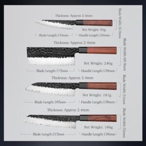 Mastering kitchen prep with the HEZHEN Kitchen Knife Set 4PCS: clad steel chef knife, forged steel nakiri, and santoku knives, featuring a wooden octagonal handle for comfortable grip.