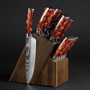 Discover the ultimate kitchen companion with SENKEN's 16-piece knife block set. Includes Japanese chef's knives, steak knives, kitchen shears, santoku, cleaver & more in a natural acacia wood case.