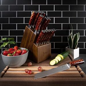 Discover the ultimate kitchen companion with SENKEN's 16-piece knife block set. Includes Japanese chef's knives, steak knives, kitchen shears, santoku, cleaver & more in a natural acacia wood case.