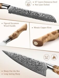 Elevate your kitchen game with the HEZHEN 7PCS Kitchen Knives Set, featuring professional forging Damascus high carbon steel chef knife, santoku, bread, utility, and fruit knives, plus a multifunctional kitchen scissor, all stored in a sleek 6-slot black walnut block.