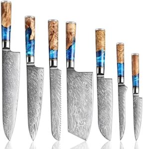 Elevate your cooking experience with SENKEN's 7-Piece Damascus Kitchen Knife Set, featuring 67-layer Japanese VG10 steel and a range of versatile blades.