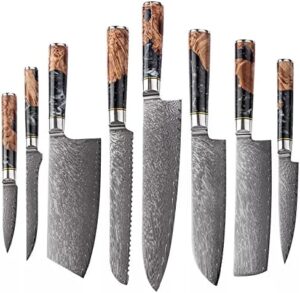 Elevate your culinary experience with the Epicurean Cook Tidal Collection 8 PCS Damascus Knife Set, featuring VG10 steel core ultra-sharp blades and elegant black resin and burl wood handles. Perfect for professional chefs!