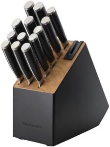 Discover the ultimate kitchen companion: KitchenAid's 14-piece forged stainless steel knife block set with built-in sharpener. Includes high-carbon Japanese steel knives and a two-tone black finish, perfect for home cooks and professionals alike.