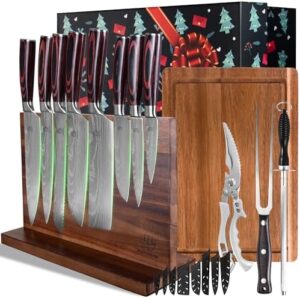 "Complete your kitchen with the Fullhi 13pcs gift box Knife Set, featuring magnetic block holder, cutting boards, scissors and sharpening rod. Perfect first choice for gifting, coffee wood design."