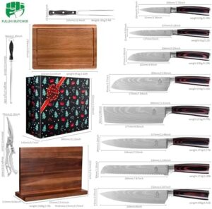 "Complete your kitchen with the Fullhi 13pcs gift box Knife Set, featuring magnetic block holder, cutting boards, scissors and sharpening rod. Perfect first choice for gifting, coffee wood design."