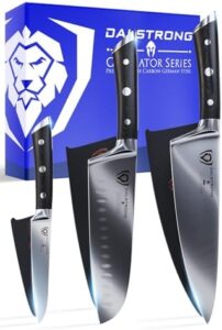 "Experience precision cooking with the Dalstrong 3pc Knife Set - Gladiator Series Elite. Includes chef, santoku, and paring knives with G10 handles and high carbon German steel blades. NSF certified, comes with sheaths."