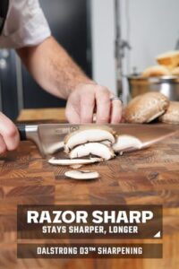 "Experience precision cooking with the Dalstrong 3pc Knife Set - Gladiator Series Elite. Includes chef, santoku, and paring knives with G10 handles and high carbon German steel blades. NSF certified, comes with sheaths."