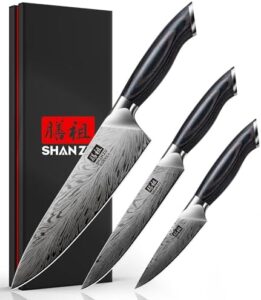 Discover the SHAN ZU 3PCS Kitchen Knife Set, featuring ultra-sharp Japanese knives and ergonomic Pakkawood handles. Perfect for home cooks seeking a premium cutlery set with high carbon steel blades.