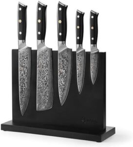 Discover the Wakoli 5-Piece Chef Knife Set with magnetic block and G10 handles, ideal for professional kitchen use. Enhance your cooking experience with sharp Damascus knives and a storage solution for all tasks.