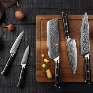 Discover the Wakoli 5-Piece Chef Knife Set with magnetic block and G10 handles, ideal for professional kitchen use. Enhance your cooking experience with sharp Damascus knives and a storage solution for all tasks.