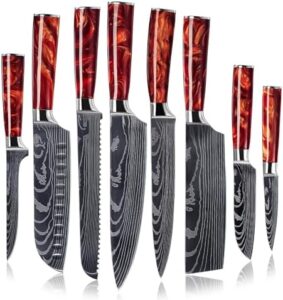 Discover the SENKEN Japanese Kitchen Knife Set, featuring 8 ultra-sharp knives with red resin handles and laser Damascus patterns. Perfect for fast cutting, this set includes chef's, santoku, paring, and more.