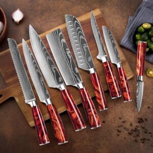 Discover the SENKEN Japanese Kitchen Knife Set, featuring 8 ultra-sharp knives with red resin handles and laser Damascus patterns. Perfect for fast cutting, this set includes chef's, santoku, paring, and more.