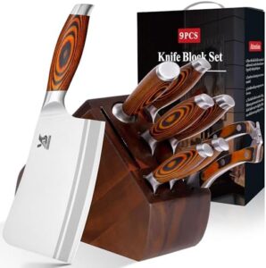 "Elevate your kitchen game with BIGSUNNY's 9-piece knife block set featuring German steel blades and Pakkawood handles. Includes a bone chopper, perfect for meal prep and cooking. Get ready to slice, dice, and mince like a pro!"