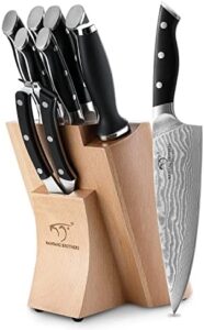 Discover the ultimate kitchen companion - Nanfang Brothers' 9-piece Damascus knife set with block, featuring ergonomic handles and a sharpener. Perfect for chefs and home cooks alike!