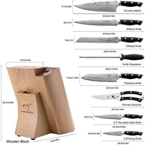 Discover the ultimate kitchen companion - Nanfang Brothers' 9-piece Damascus knife set with block, featuring ergonomic handles and a sharpener. Perfect for chefs and home cooks alike!
