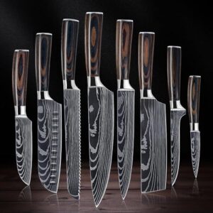 Discover the precision of SENKEN's 8-piece Japanese kitchen knife set, featuring a laser-damascus pattern and ultra-sharp blades for fast cutting. Perfect for any cooking level!
