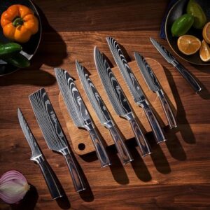 Discover the precision of SENKEN's 8-piece Japanese kitchen knife set, featuring a laser-damascus pattern and ultra-sharp blades for fast cutting. Perfect for any cooking level!