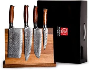 Here is the meta description:

"Sharp and durable, this 5-piece YARENH knife set features a magnetic block and high-carbon stainless steel blades with 73 layers. Includes natural sandalwood handles for a comfortable grip. Perfect for professional kitchen use."