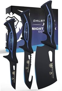"Upgrade your cooking experience with Dalstrong's 3pc Night Shark Series knife set, featuring high carbon steel blades and titanium coating for exceptional sharpness and durability. Includes boning, cleaver, and hook fish knives, plus a sturdy sheath."
