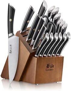 "Unleash the art of cooking with the Cangshan ELBERT Series 20-piece knife block set, featuring German steel forged knives and a sleek black design. Enhance your kitchen experience."
