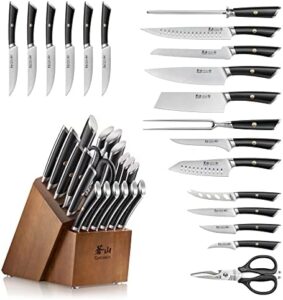 "Unleash the art of cooking with the Cangshan ELBERT Series 20-piece knife block set, featuring German steel forged knives and a sleek black design. Enhance your kitchen experience."