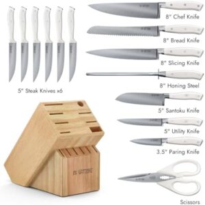 Elevate your cooking experience with the Yatoshi 15-Piece White Knife Block Set, featuring ultra-sharp high-carbon stainless steel blades and ergonomic handles. Perfect for home chefs and professional cooks alike, this set includes multiple knife sizes for precise cutting.
