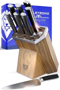 Elevate your kitchen with the Dalstrong Vanquish Series Knife Block Set, featuring 8pcs forged high carbon German steel knives, premium wood block, and NSF certified black POM handles. Perfect Valentine's gift for the man in your life.